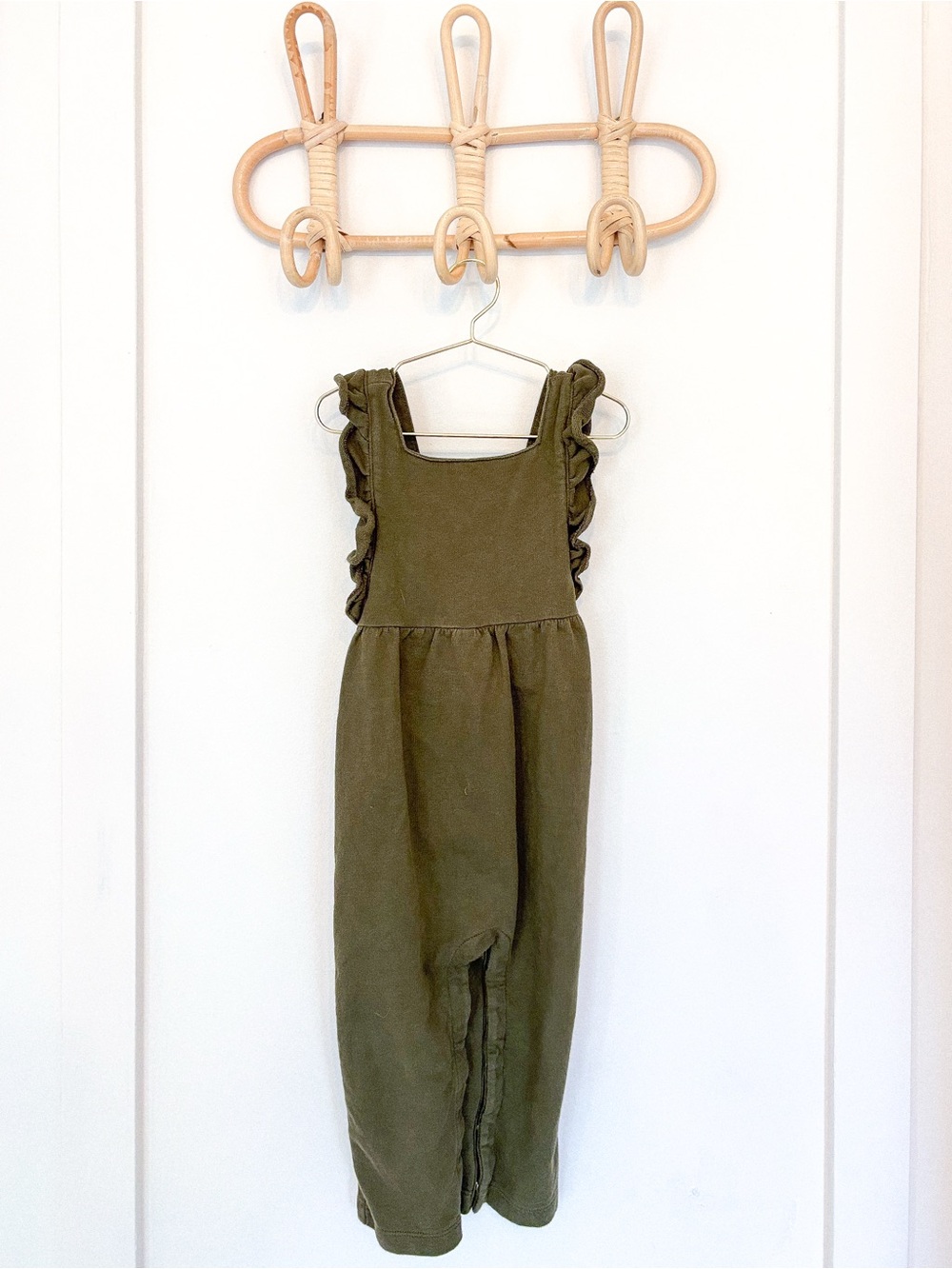 Ruffle-Shoulder Olive Kids Romper